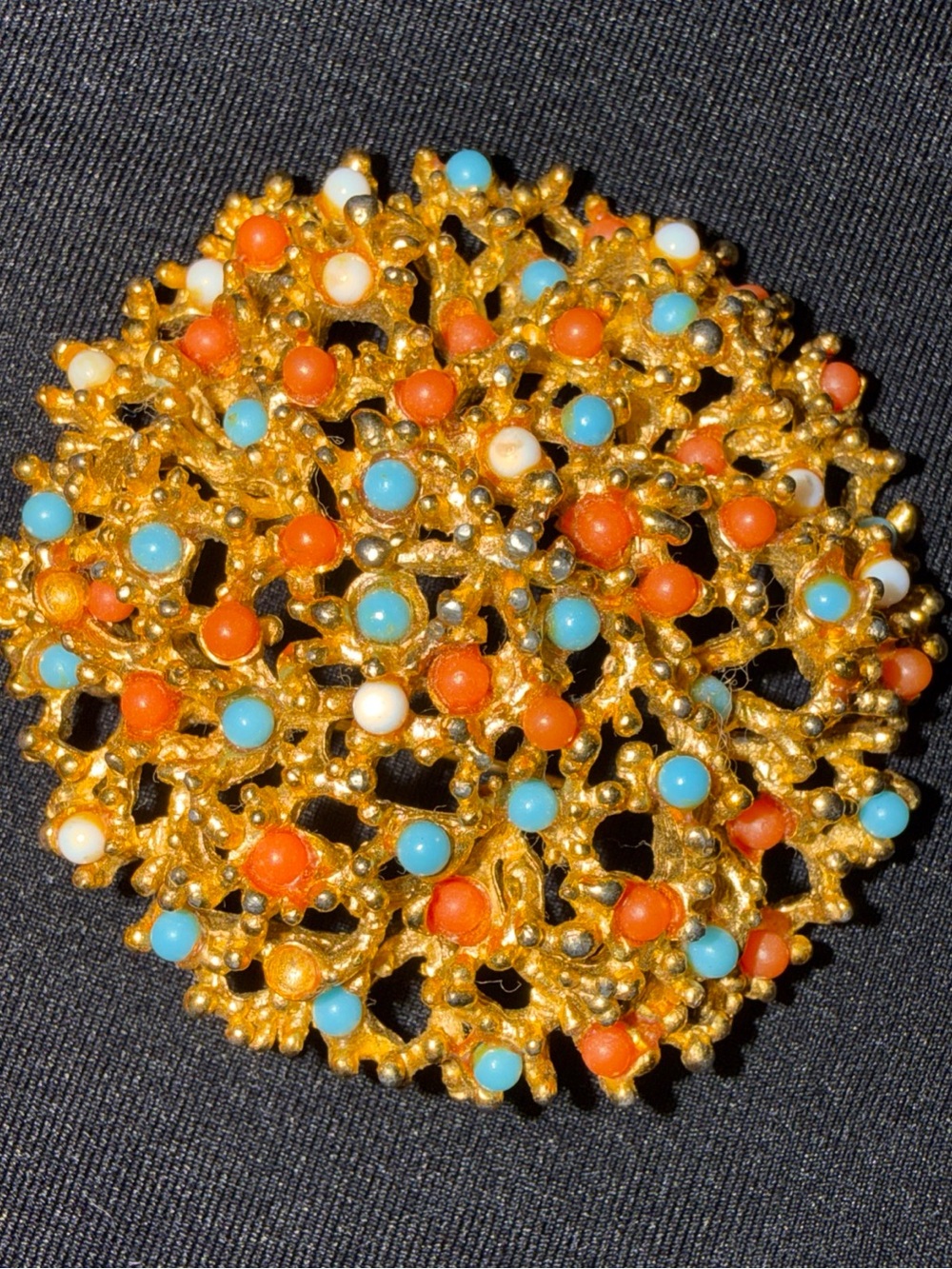 Brooch Turquoise, Coral & White Beads Gold Tone Vintage